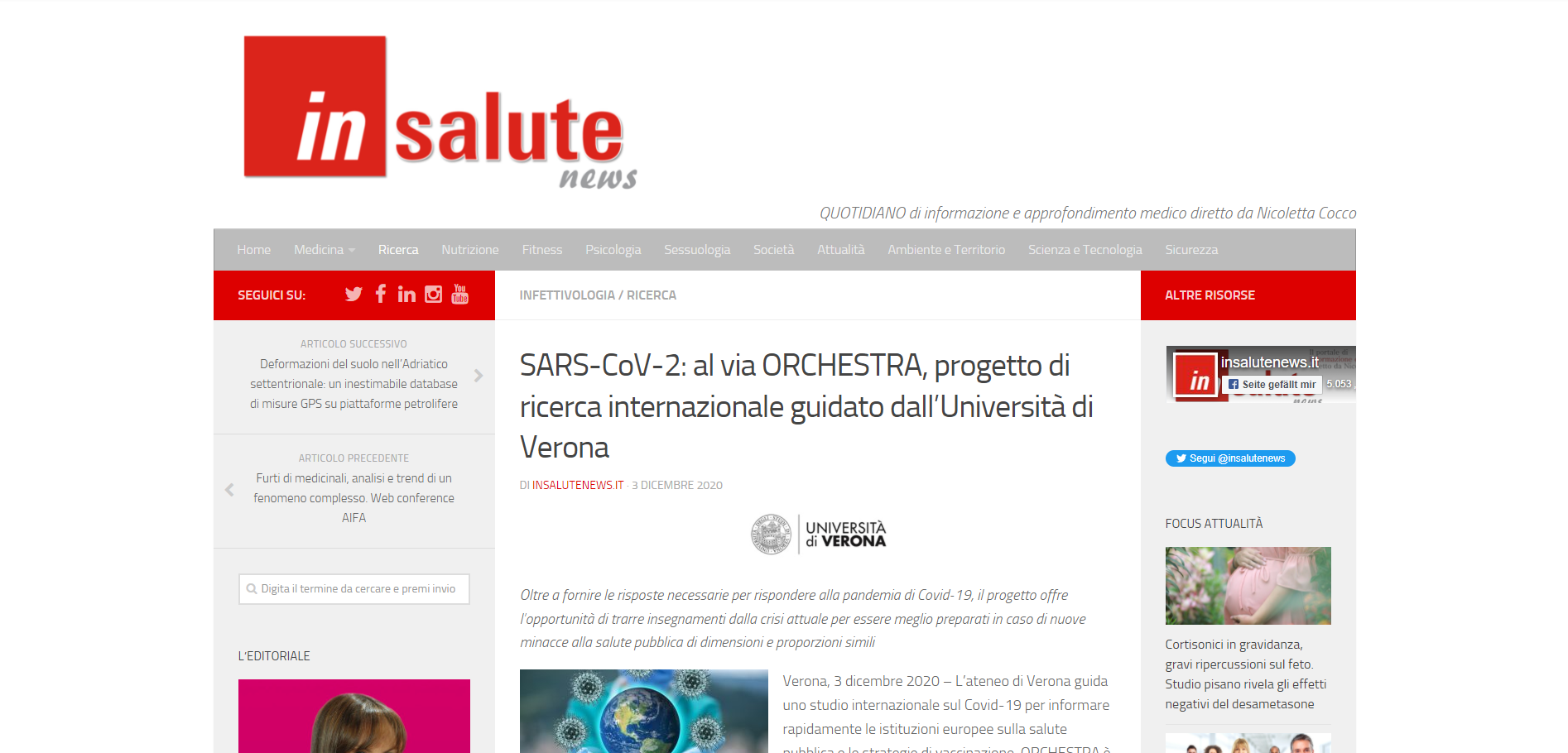 SARS-CoV-2: al via ORCHESTRA, progetto di ricerca internazionale guidato dall’Università di Verona